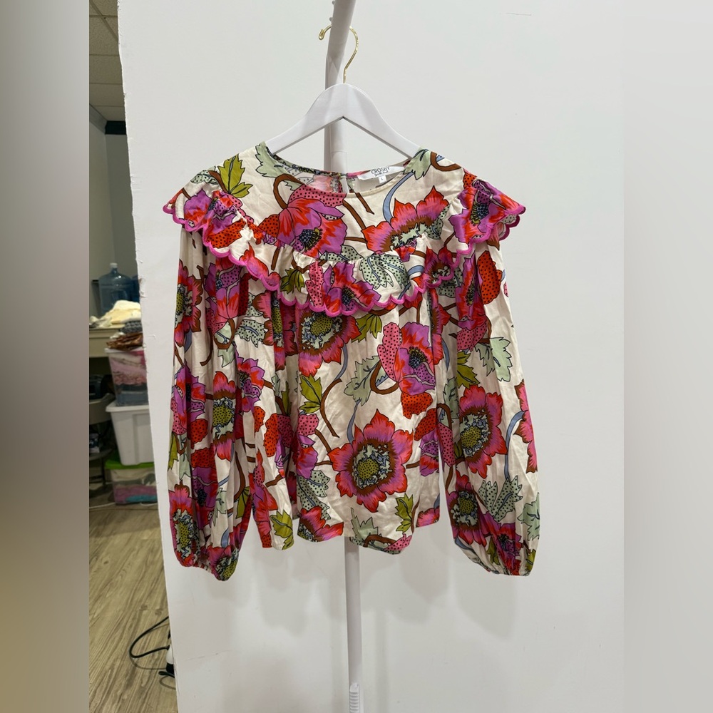 CROSBY by Mollie Burch Pink and Red Ruffled Sailor Collar Blouse